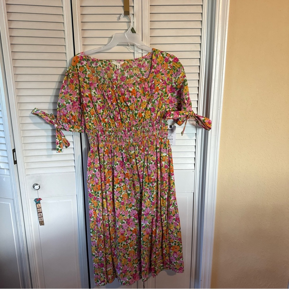 Floral Midi Dress with Puff Sleeves Terra & Sky 1X NWT